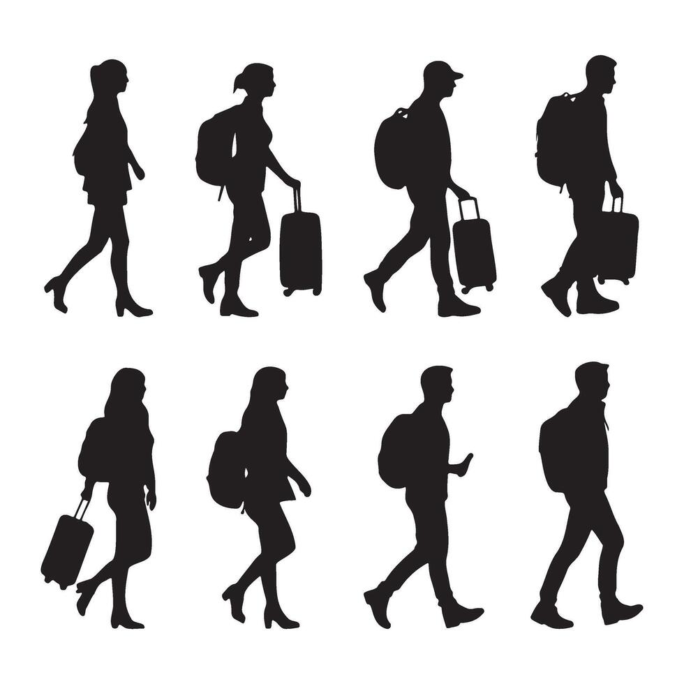 People with suitcase walking pose silhouette illustration vector
