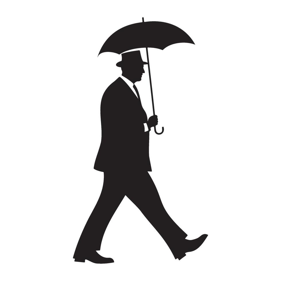 A 1920s businessman walking with an umbrella silhouette illustration vector