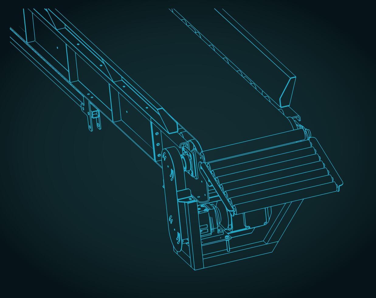 Loading conveyor with hydraulically adjustable angle isometric blueprint close up vector