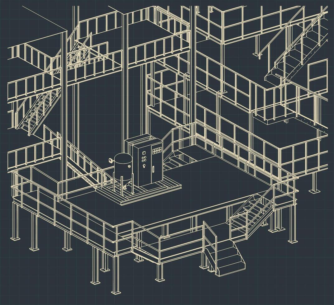 Industrial production interior stairs and equipments isometric drawing vector