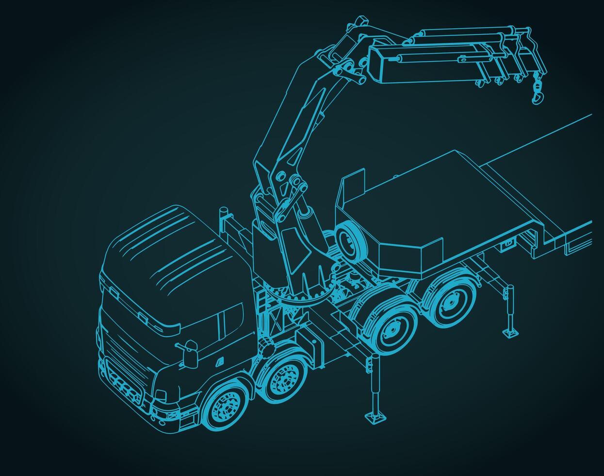 Truck with self loader mounted crane and semi-trailer isometric blueprint vector