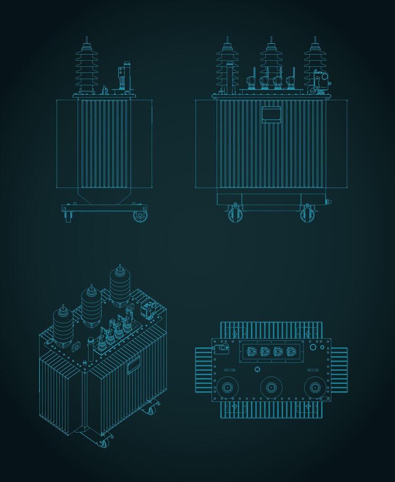 Power three-phase transformer blueprints illustrations vector