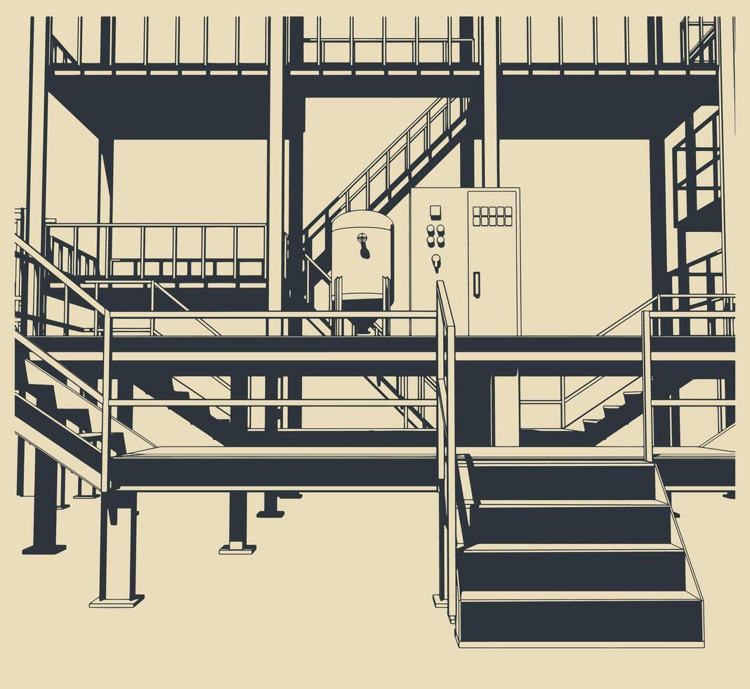 Industrial production interior. Stairs platforms and equipments vector
