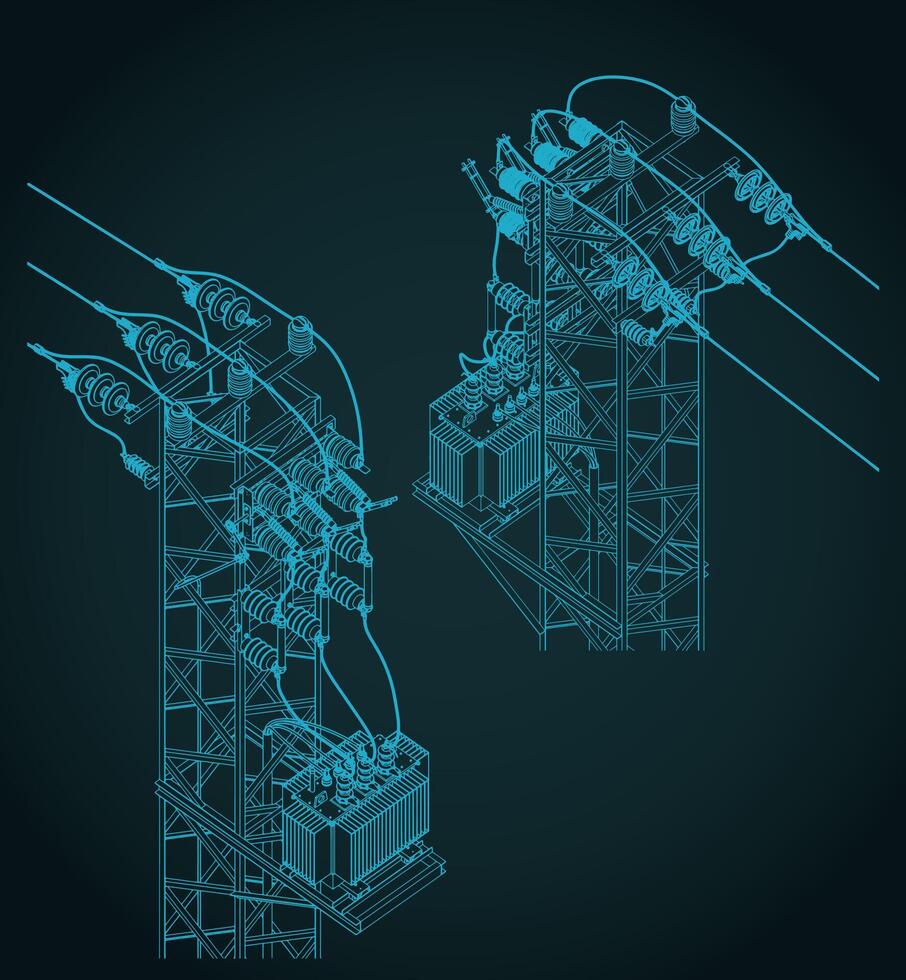 Transformer station isometric blueprints illustration vector