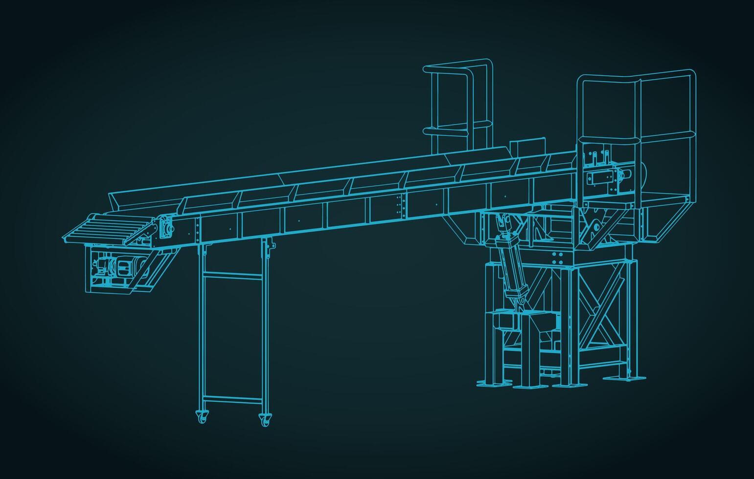 Loading conveyor with hydraulically adjustable angle isometric blueprint illustration vector