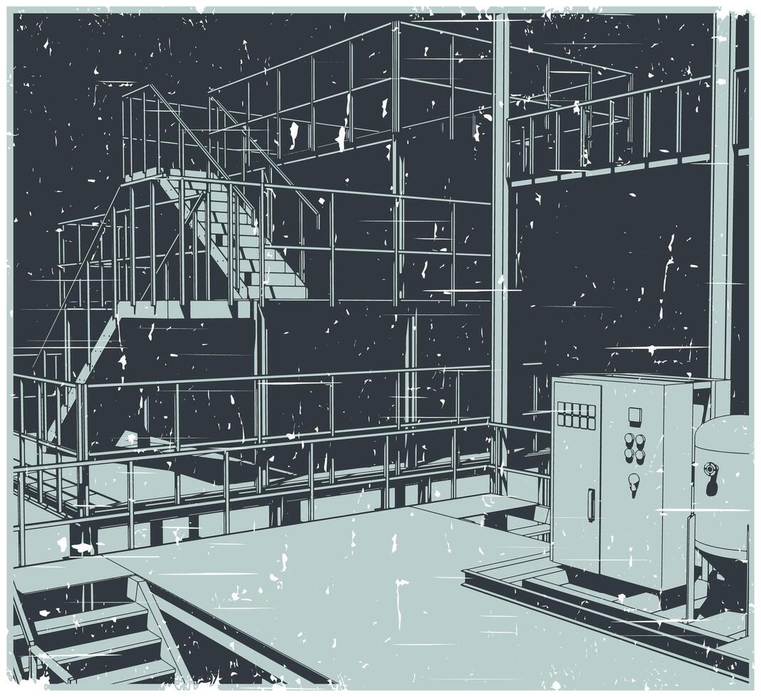 Industrial production interior. Stairs platforms and equipments retro poster illustration vector