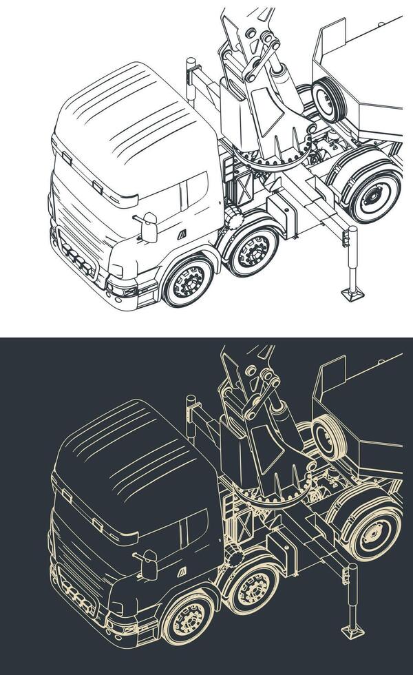 Truck with self loader mounted crane and semi-trailer close-up vector