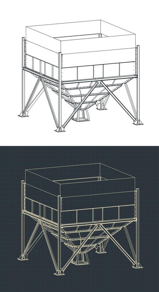 Grain hopper isometric blueprints vector