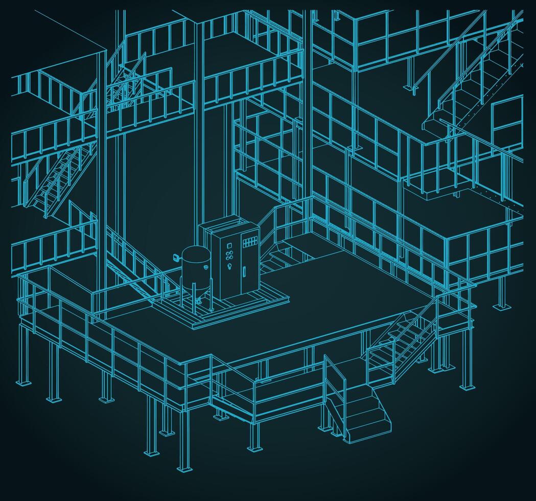 Industrial production. Stairs and equipments isometric blueprint vector