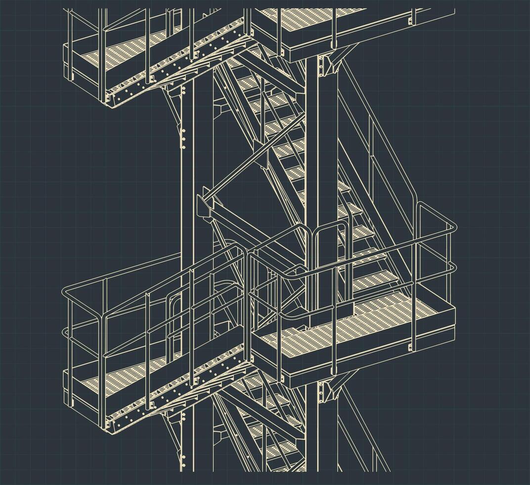 Industrial metal staircase isometric blueprint close up vector