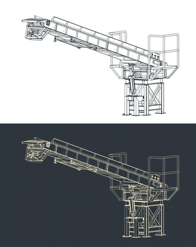 Loading conveyor with hydraulically adjustable angle isometric drawings illustrations vector