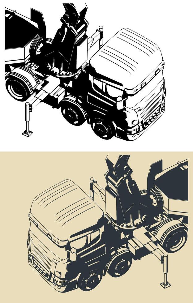 Truck with self loader mounted crane and semi-trailer close up vector