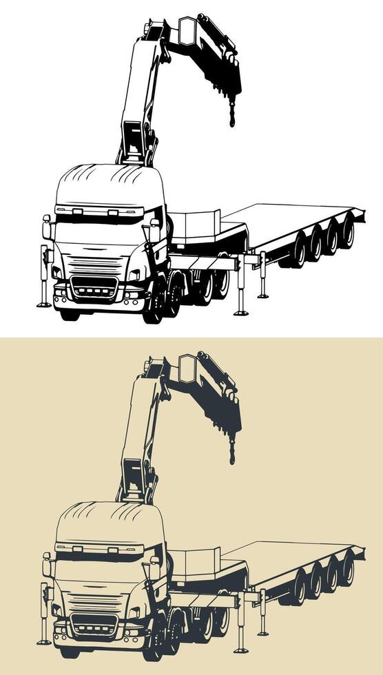 Truck with self loader mounted crane and semi-trailer vector