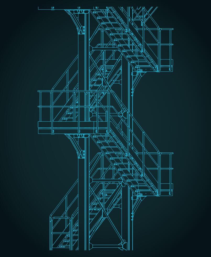 Industrial steel staircase isometric blueprint vector