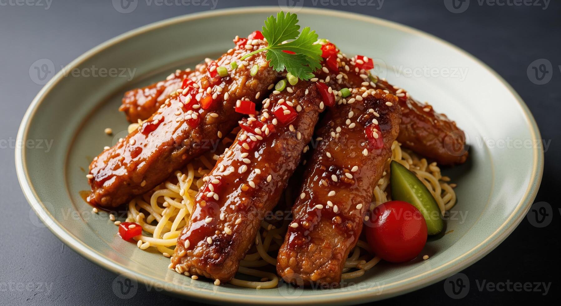 Chinese style pork ribs with noodles and sesame seeds photo