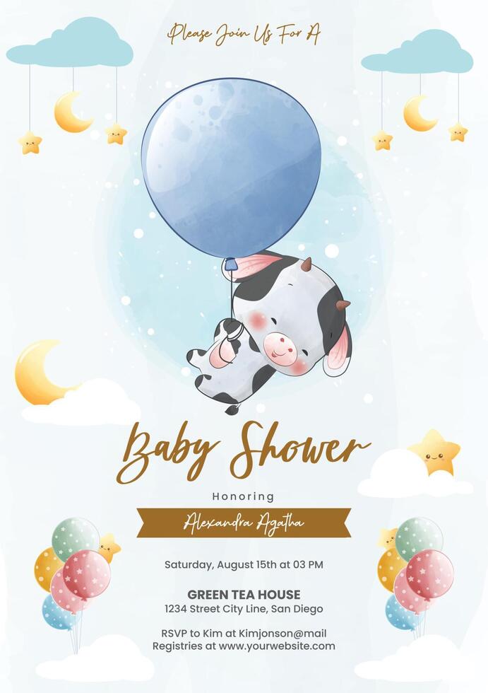 Cute cow with a balloon for baby shower vector