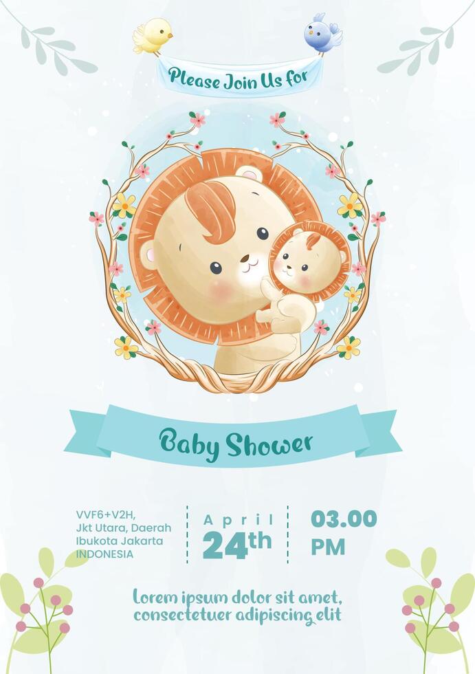 Baby shower invitation with lion illustration vector