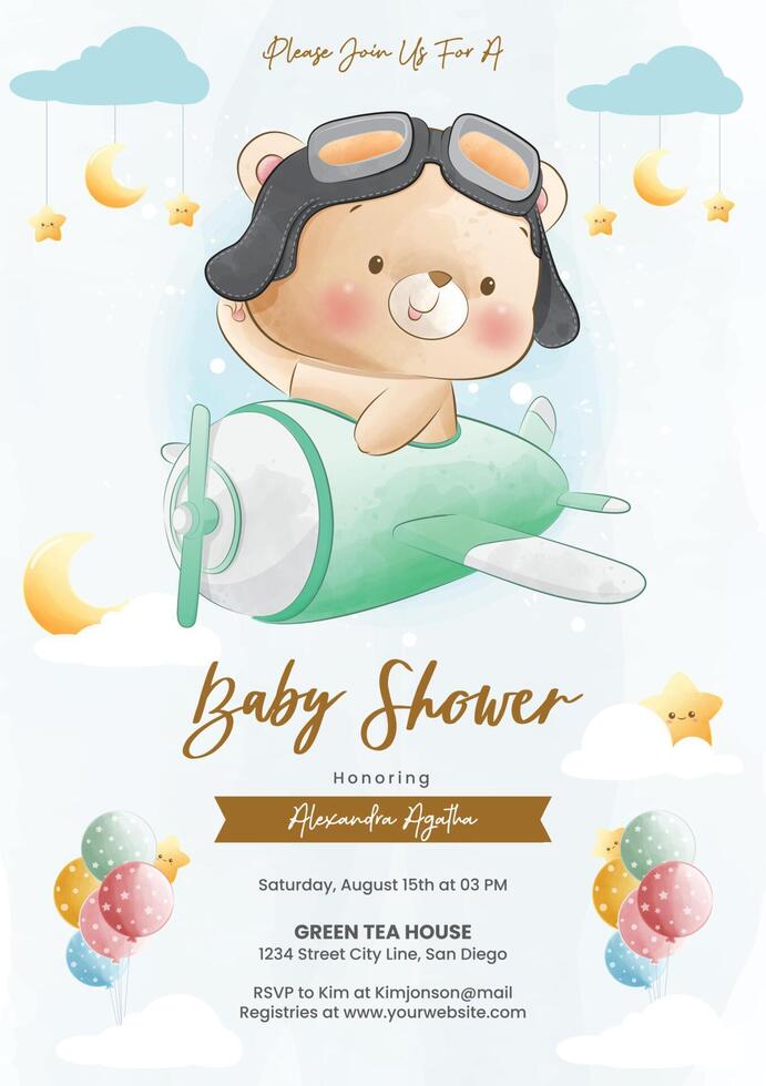 Baby shower invitation with bear and plane vector