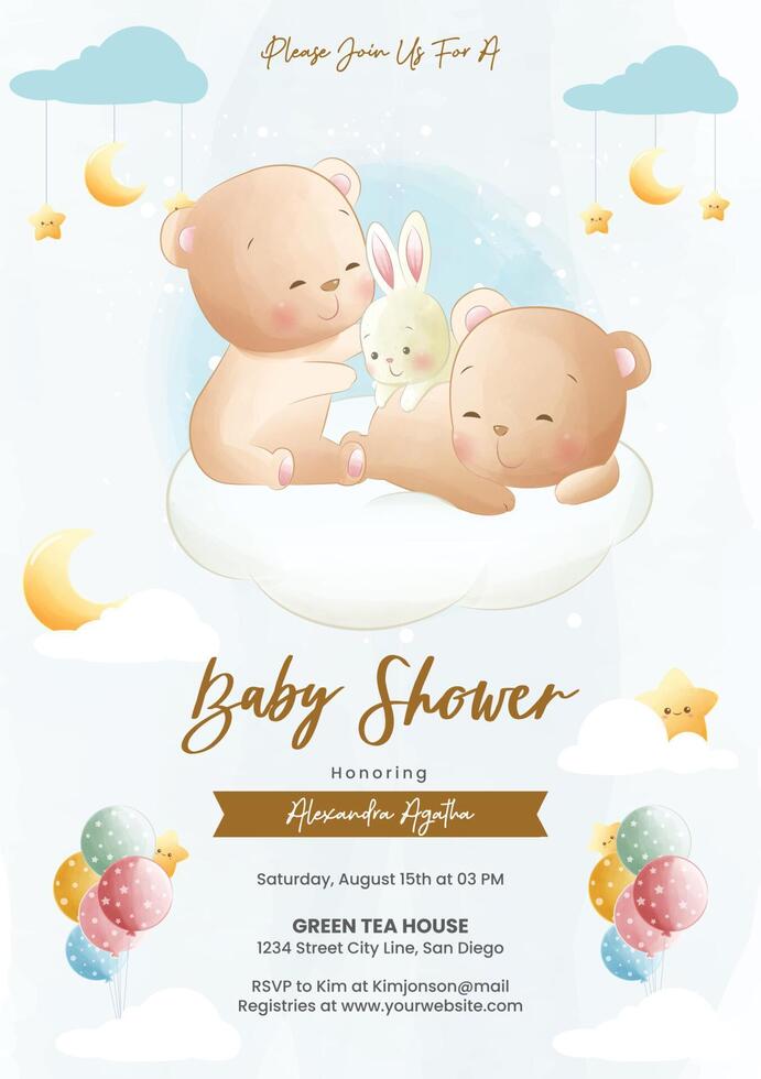 Baby shower invitation with bears and bunny vector