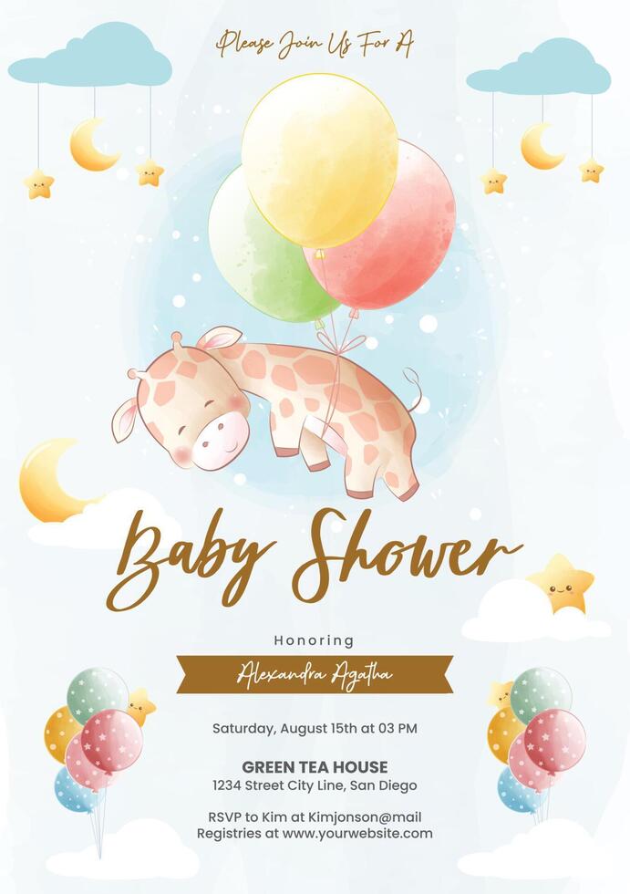 Baby shower invitation with giraffe and balloons vector