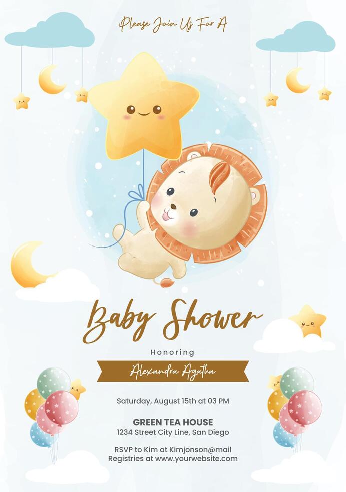 Baby shower invitation with cute lion vector
