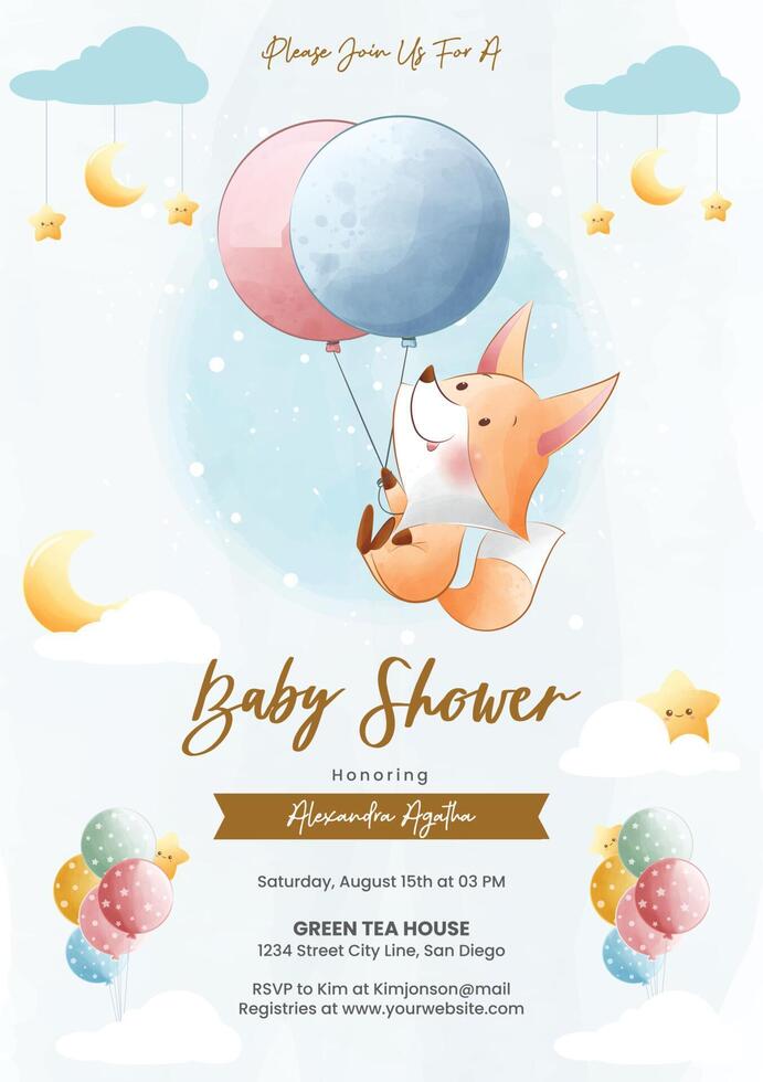Baby shower invitation with fox and balloons vector