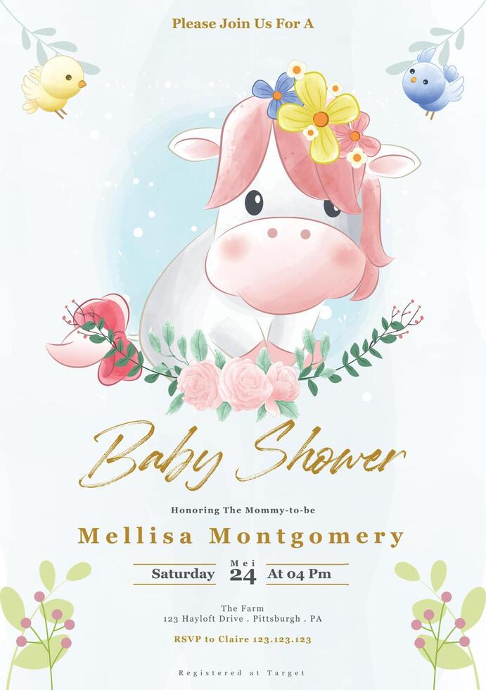 Baby shower invitation with cute cow vector