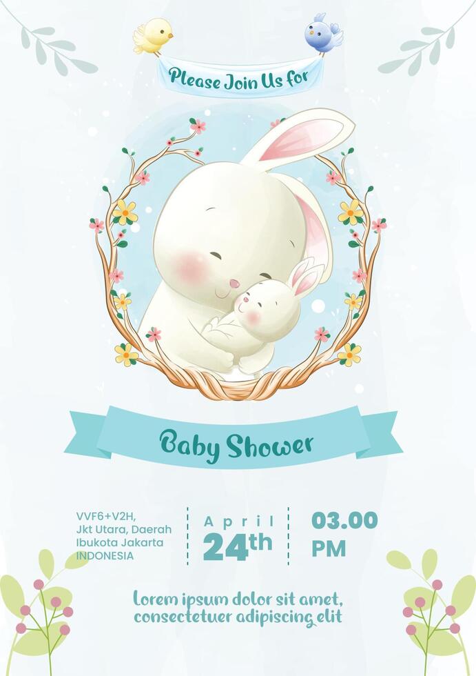 Baby shower invitation template with cute bunny and baby vector