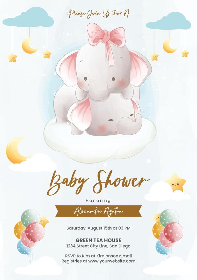 Baby shower invitation template with cute elephants vector