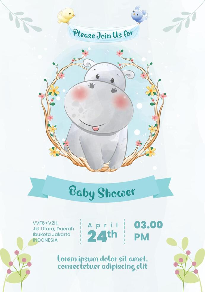 Baby shower invitation template with cute hippo vector