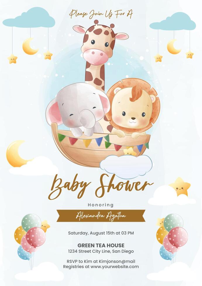 Baby shower invitation template with giraffe and elephant vector