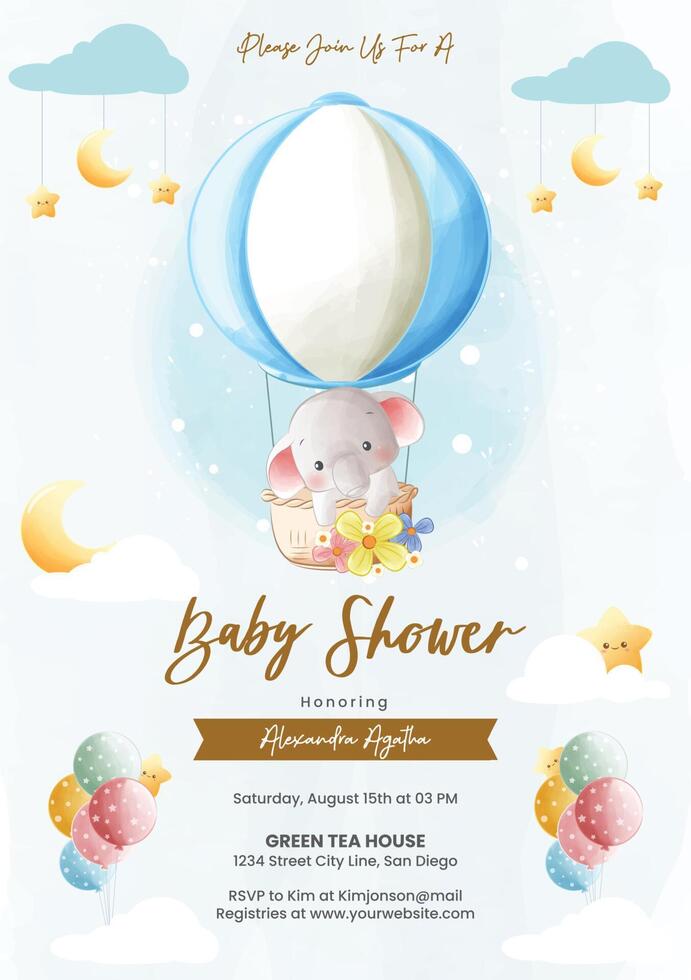 Baby shower invitation featuring an elephant vector