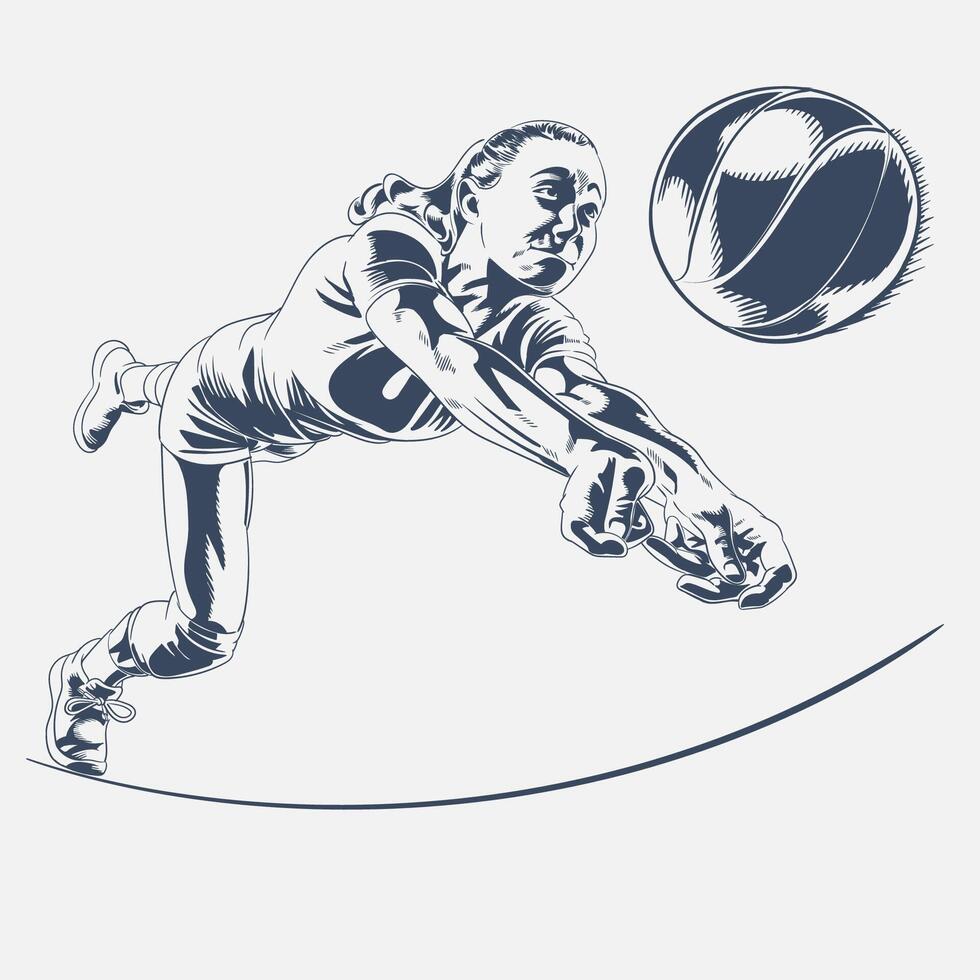 Hand drawn illustration of a female volleyball athlete diving to save the ball vector