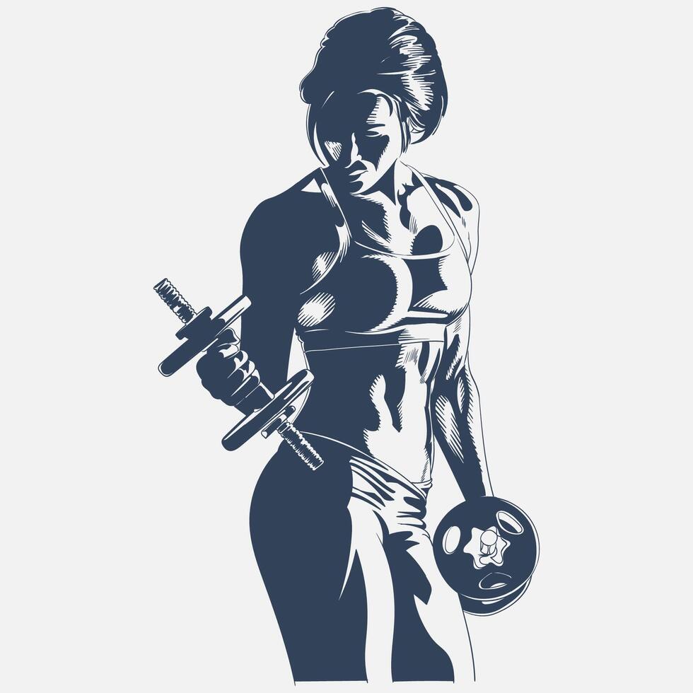 A woman holding a dumbbell in her hand vector