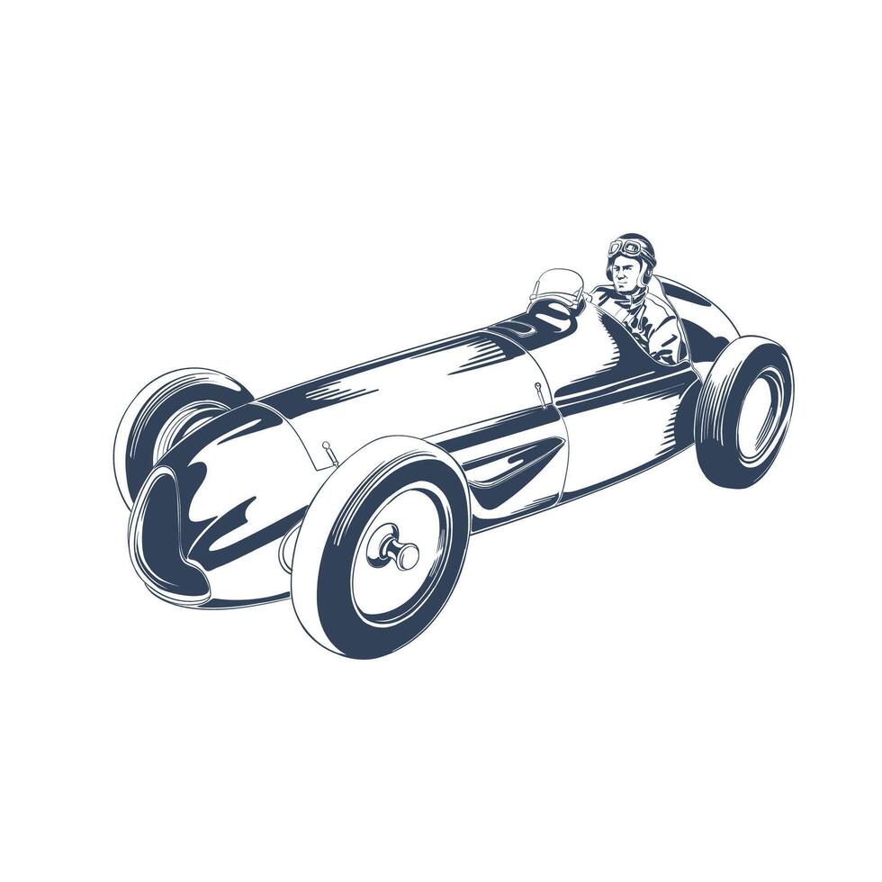 Retro race car side rear view with vintage driver illustration vector