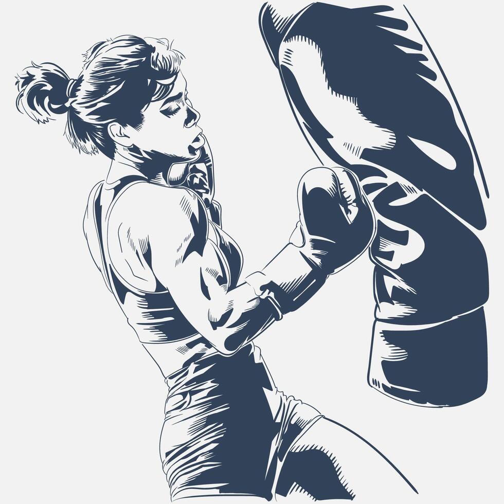 Athletic female boxer hitting punching pad during training session in dynamic action pose illustration vector
