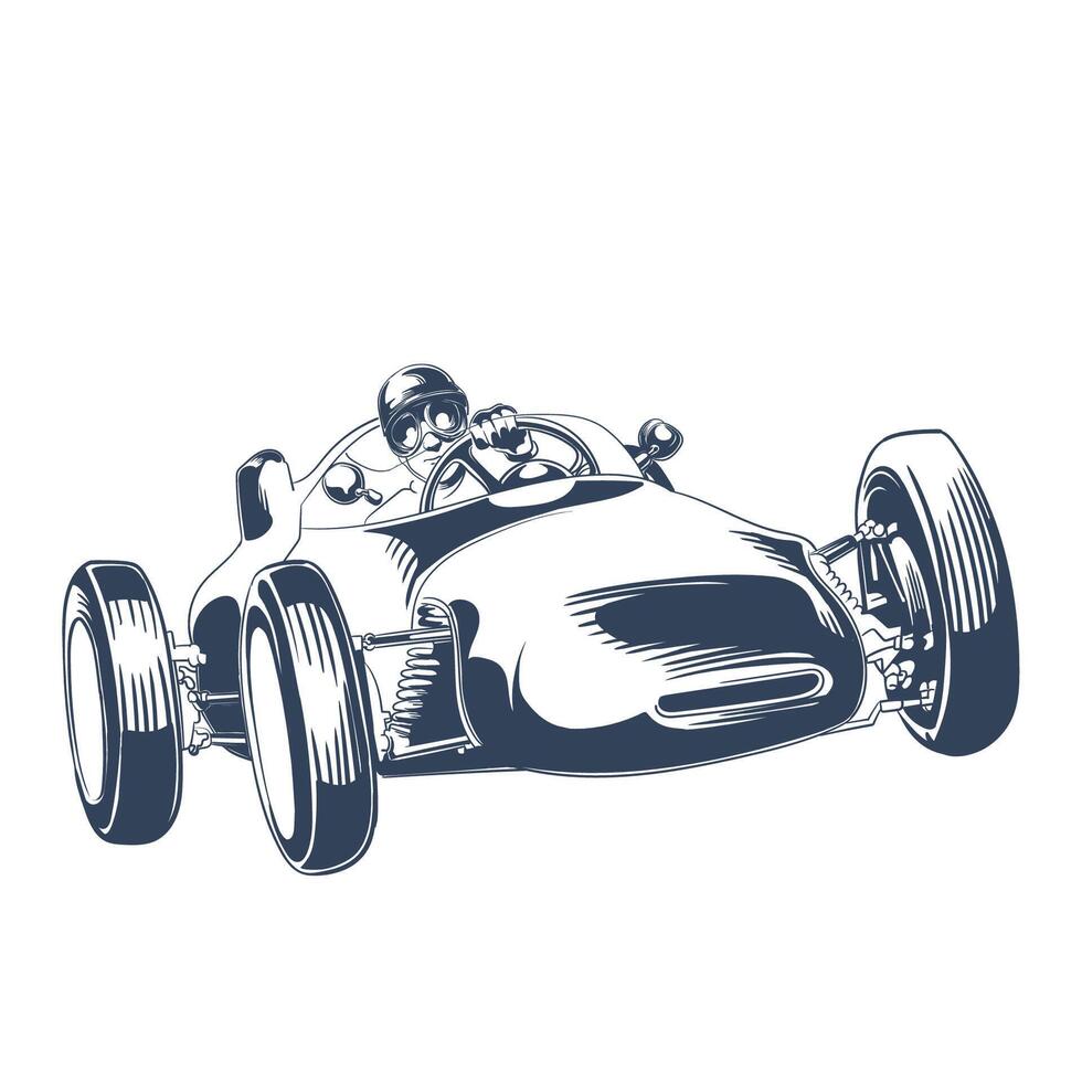 Vintage race car driver illustration in dynamic motion sketch style vector
