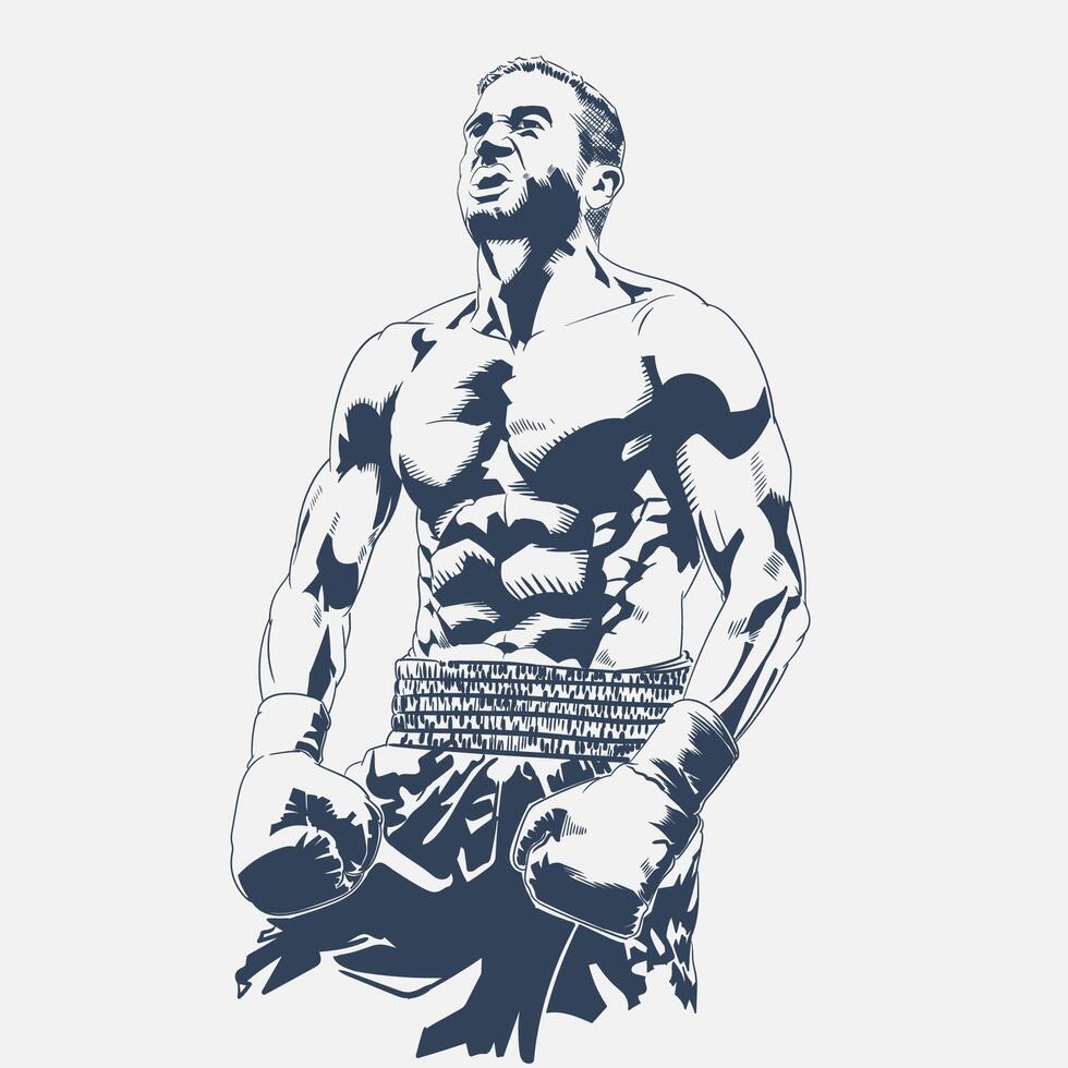 Muscular male boxer with emotional expression wearing gloves and boxing shorts, victory celebration illustration vector