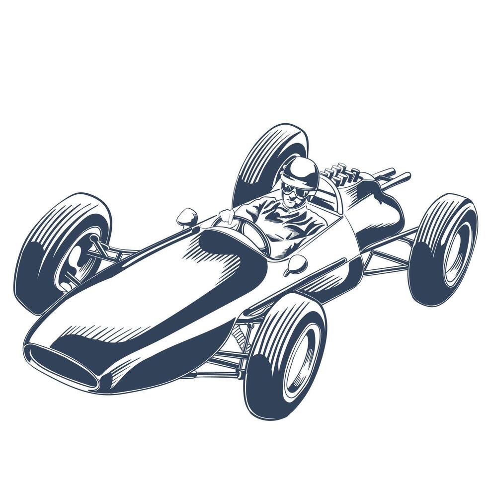 Top view retro race car with driver in helmet vintage sketch illustration vector