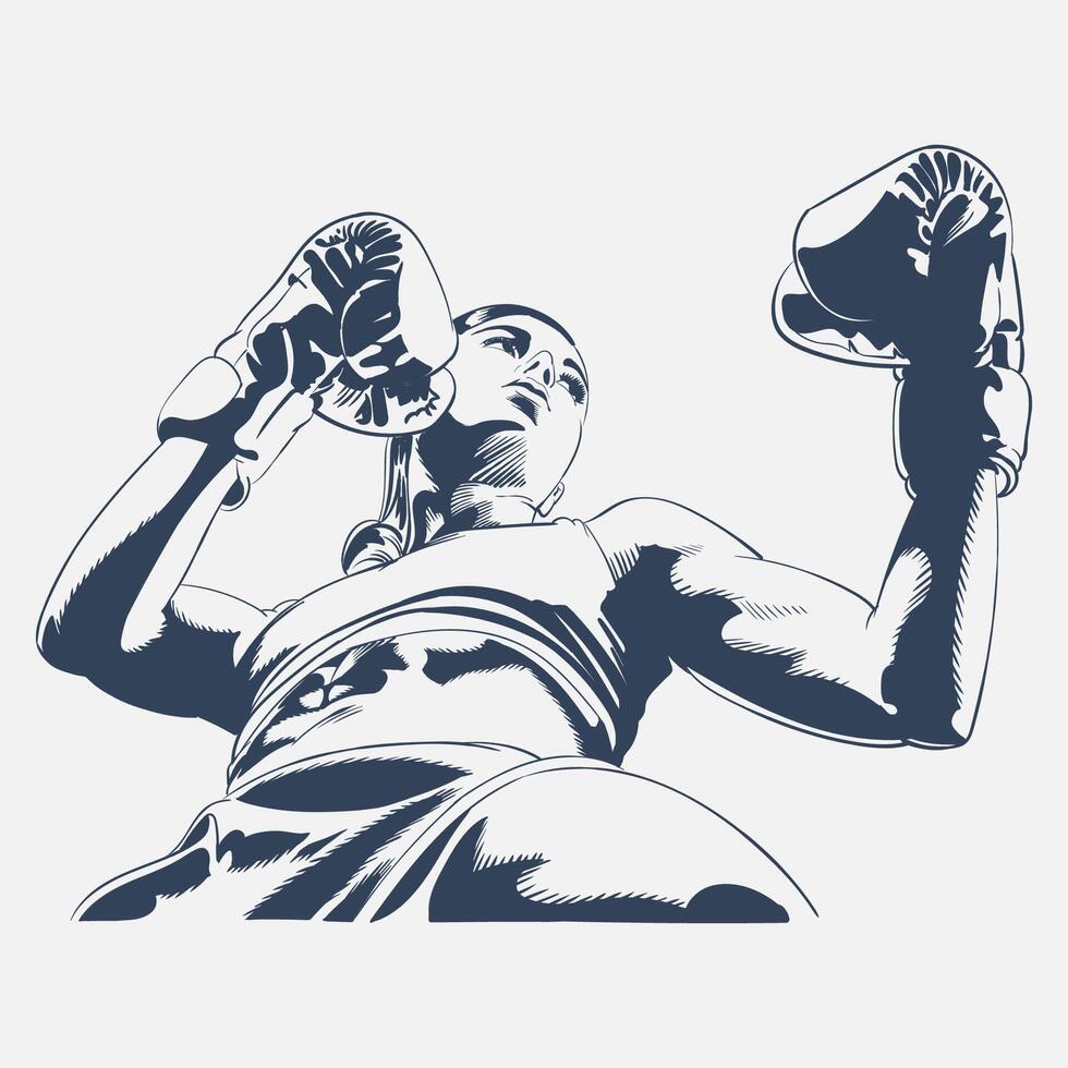 Confident female boxer low angle view, strong athletic woman fighter with gloves, hand-drawn illustration vector