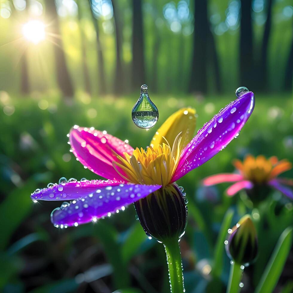 A rainbow flower with a drop of water on it photo