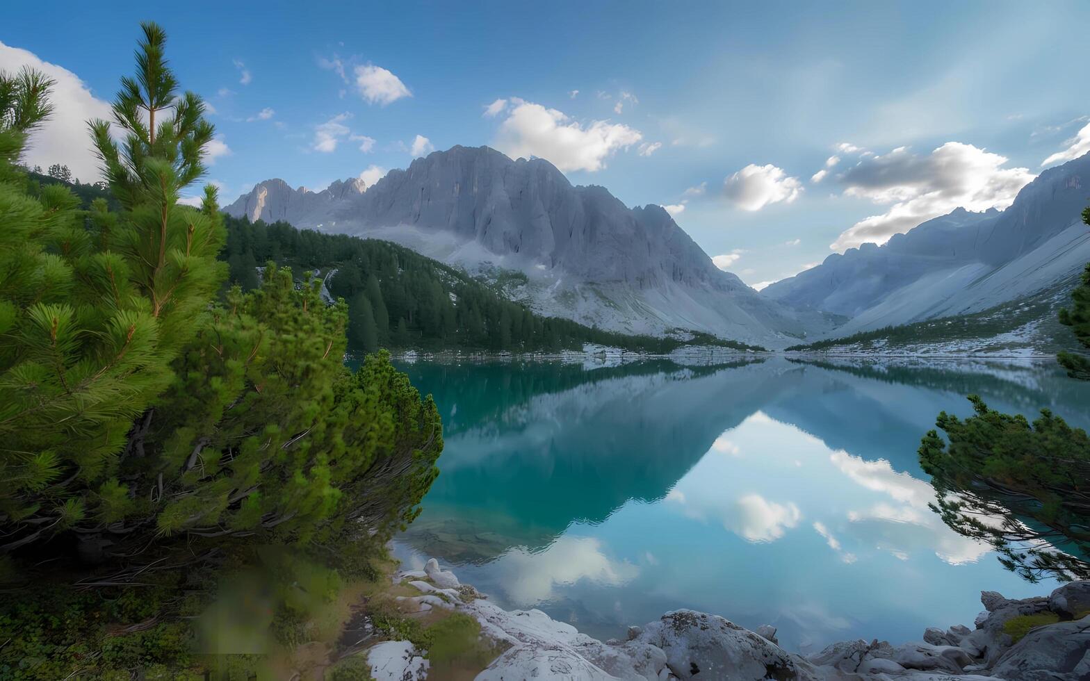 A lake surrounded by mountains and trees photo