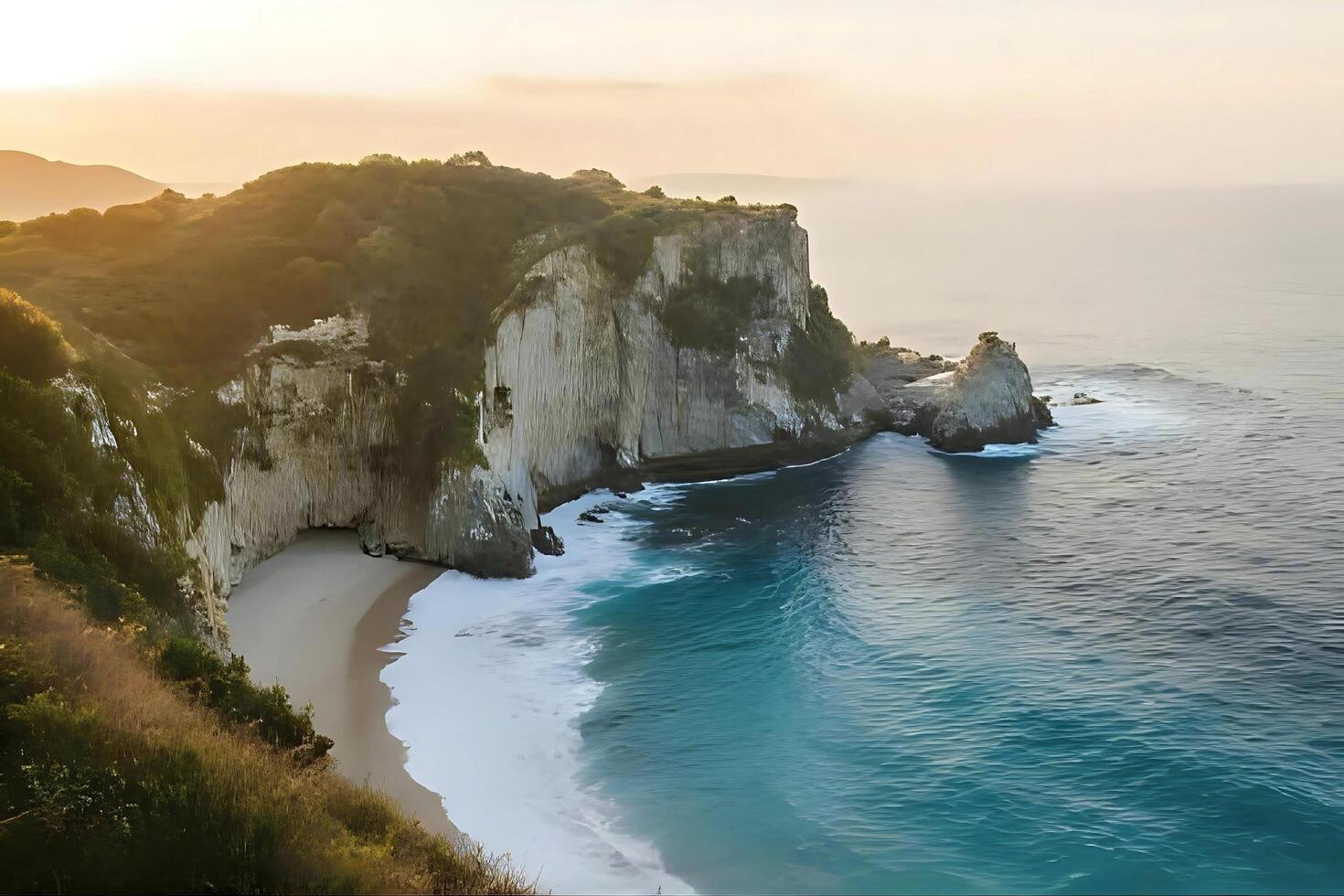 A beach with cliffs and water at sunset photo