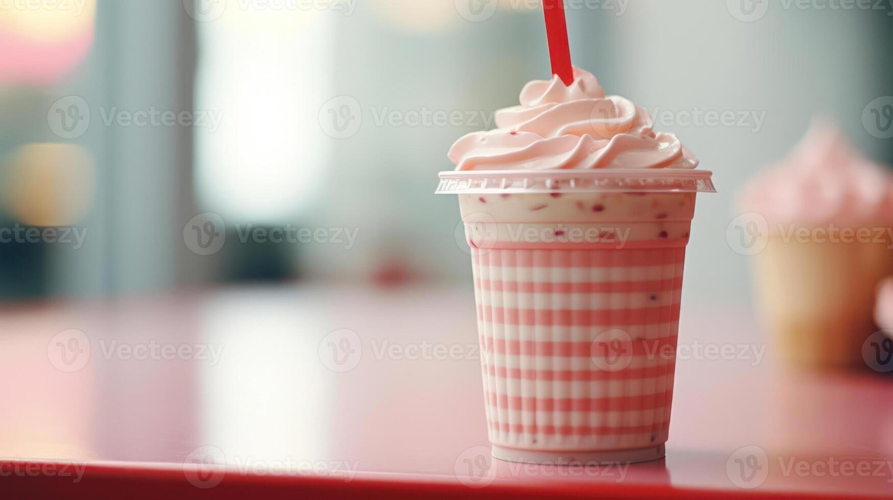 Pink strawberry milkshake with whipped cream and a straw. photo