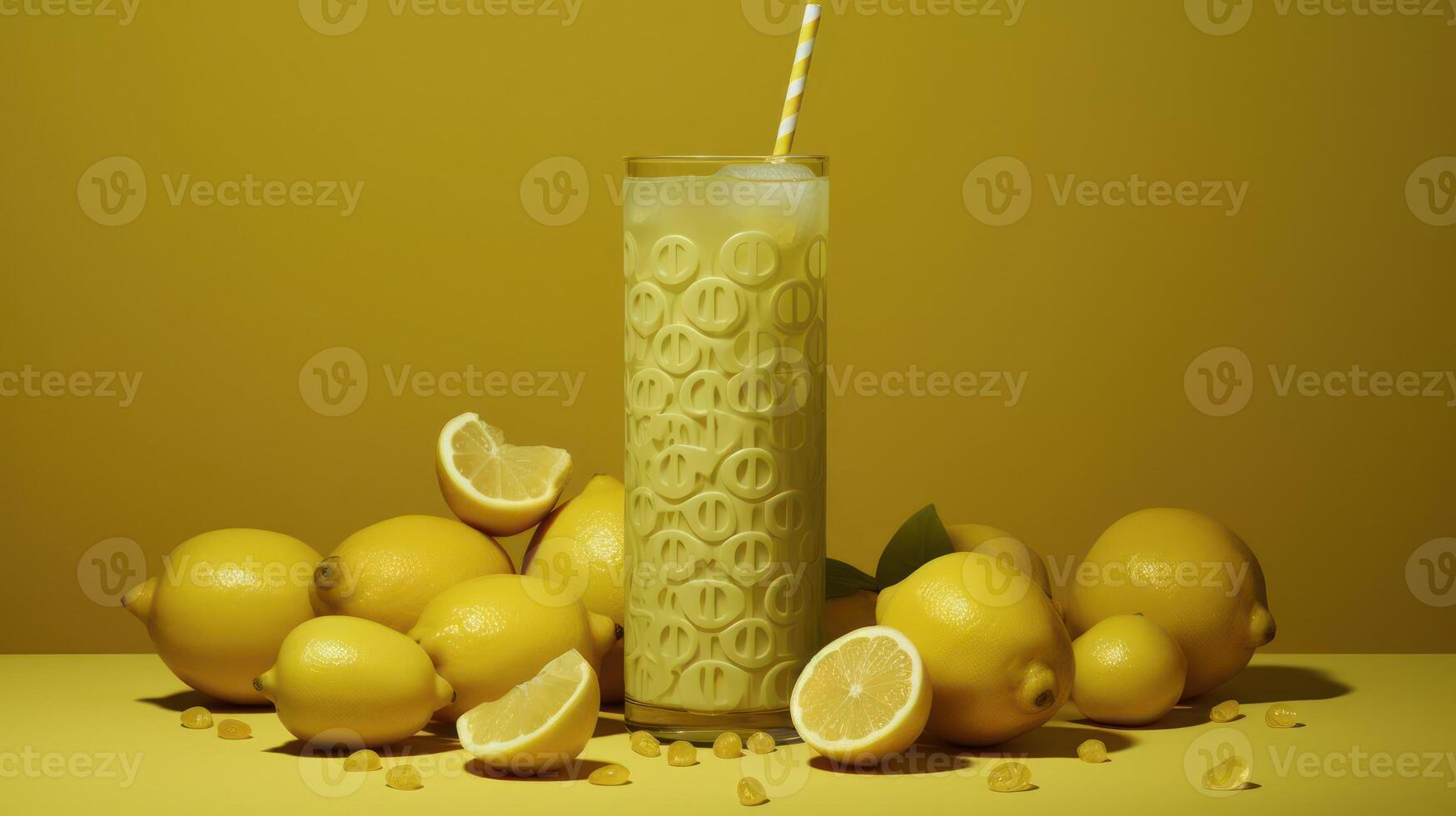Lemon drink with lemons, vibrant yellow, refreshing summer scene. photo