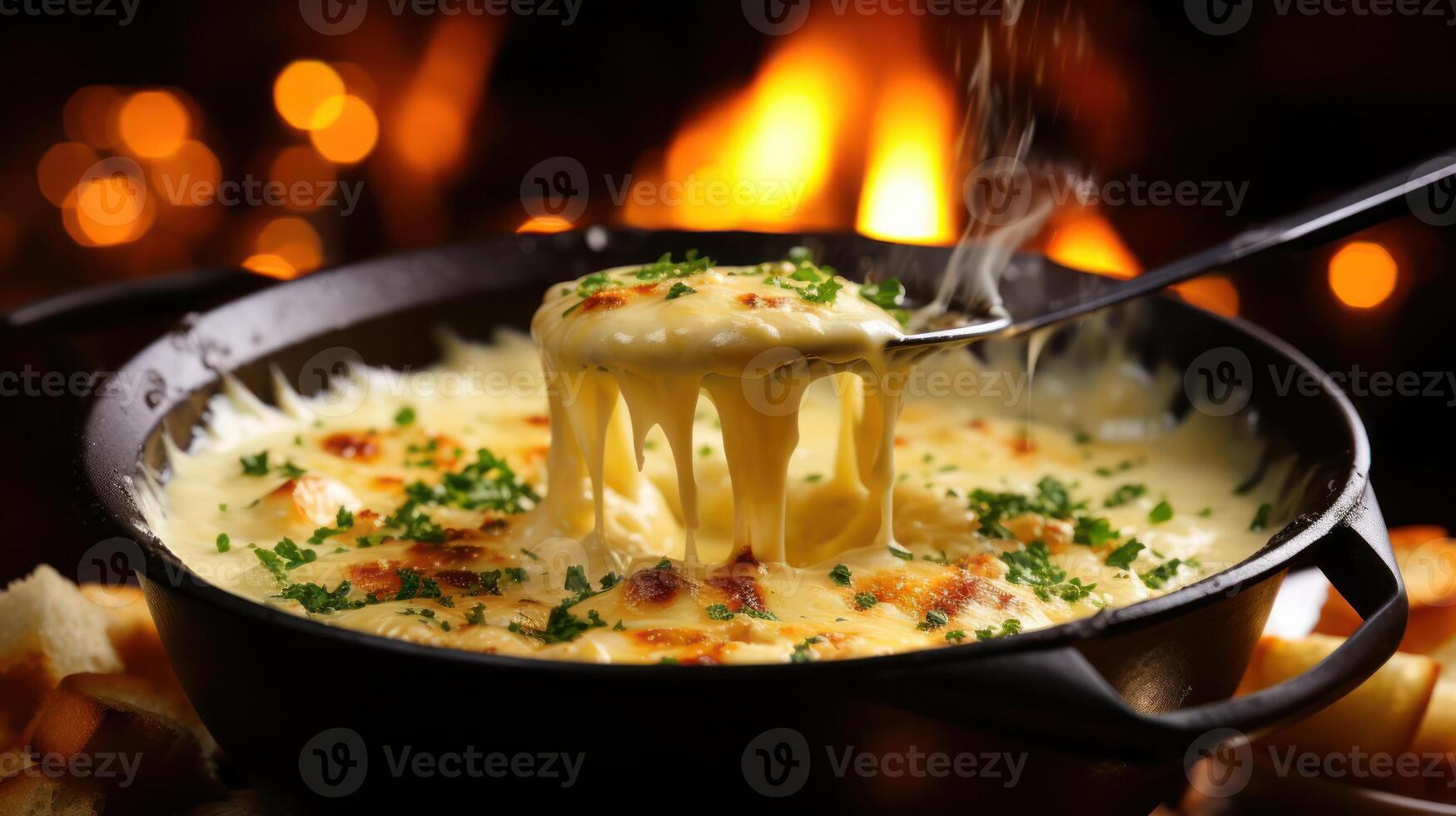 Warm cheese fondue with bread and herbs. photo