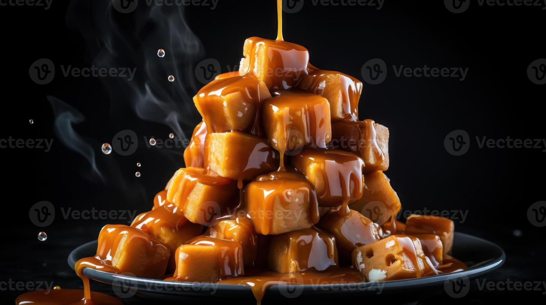 Stacked caramel squares with dripping caramel on a black plate. photo