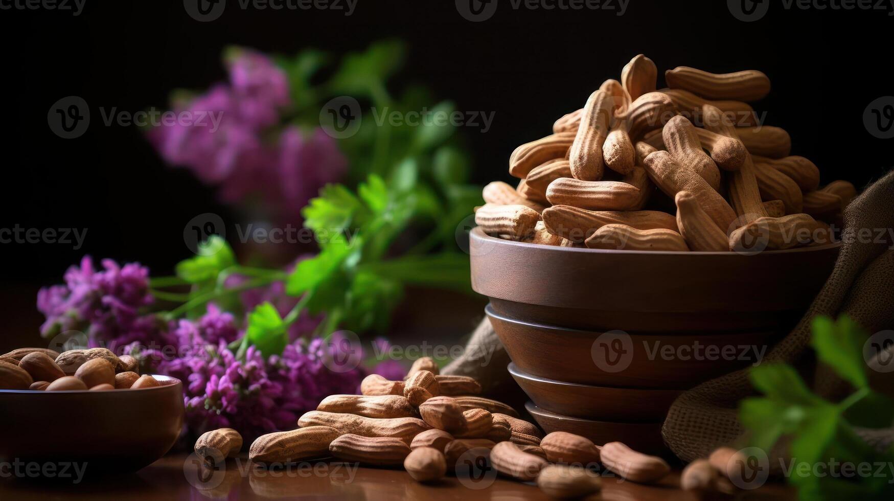 Almonds in bowls with vibrant flowers and greenery. photo