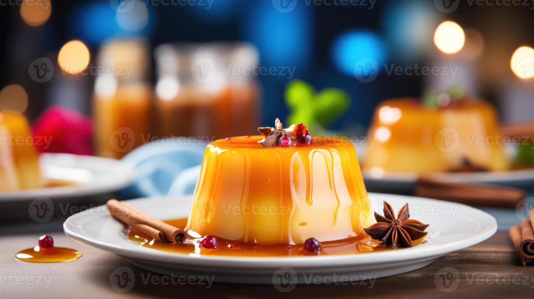 Caramel pudding with star anise and cinnamon on a plate. photo