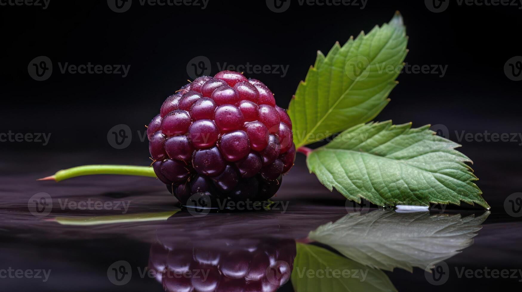 A single raspberry with leaves on a reflective surface. photo